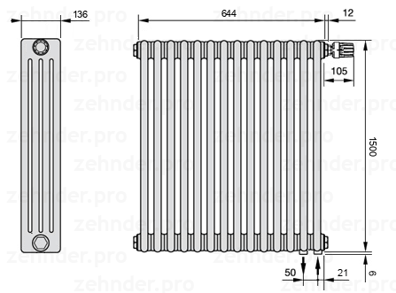 Схема (чертеж) Радиатор Zehnder Charleston 4150/14 №V002 Белый глянцевый RAL 9016